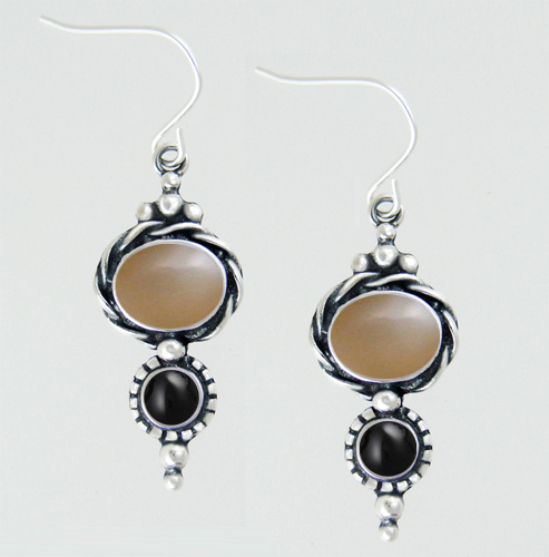 Sterling Silver Drop Dangle Earrings With Peach Moonstone And Black Onyx